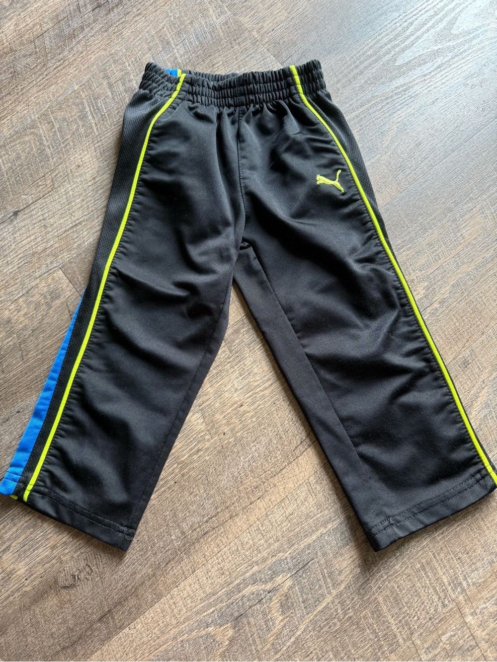 Puma Black Kids Joggers with Neon Green Piping and Blue Stripe